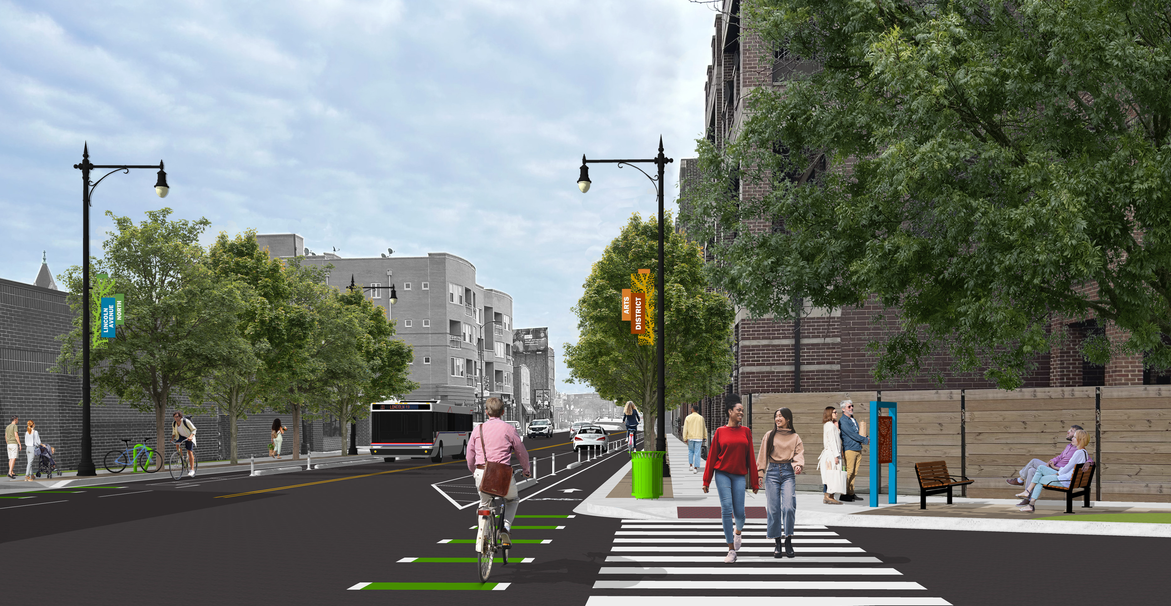 Rendering of protected bike lanes and new greenery on Lincoln and Argyle 